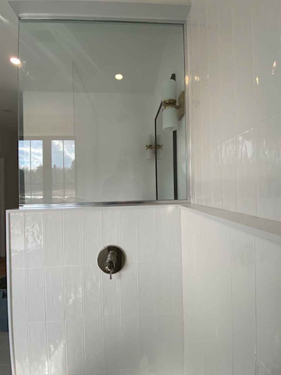 enclosed shower with glass wall and glass door